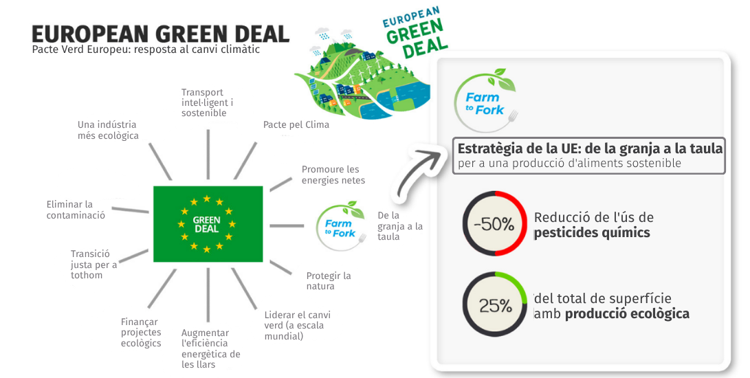 Infografia del Pacte Verd Europeu i l’estratègia De la Granja a la Taula amb els seus objectius per a una agricultura sostenible.