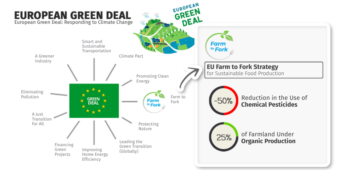 Infographic about the European Green Deal and the Farm to Fork Strategy, including their sustainable agriculture targets.