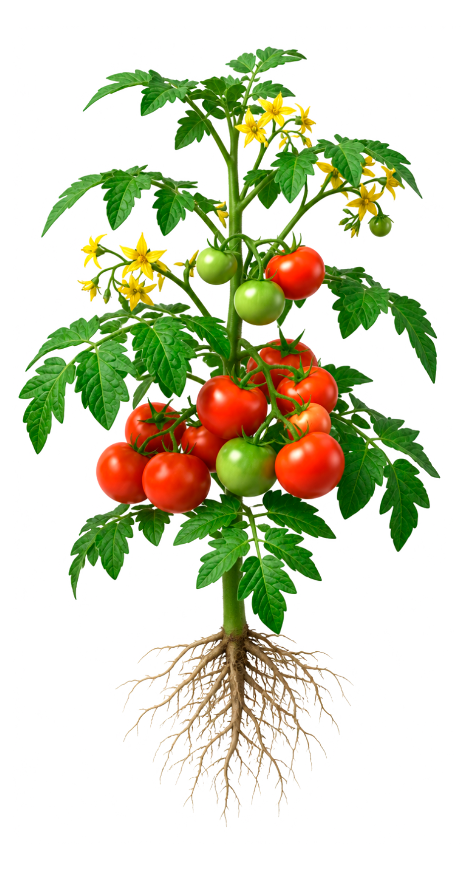 Planta de tomate mostrando la parte aérea, los frutos y el sistema radicular
