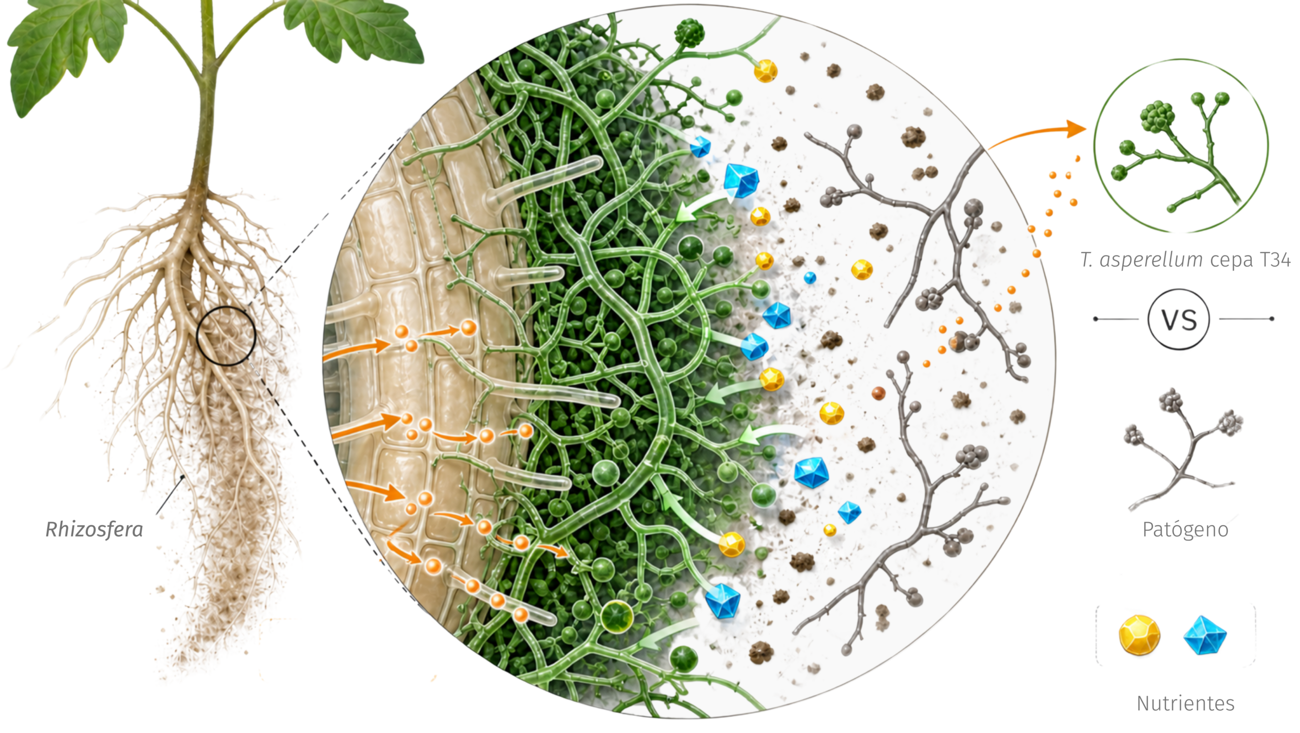 Ilustración de la interacción entre las raíces de una planta y los microorganismos del suelo.