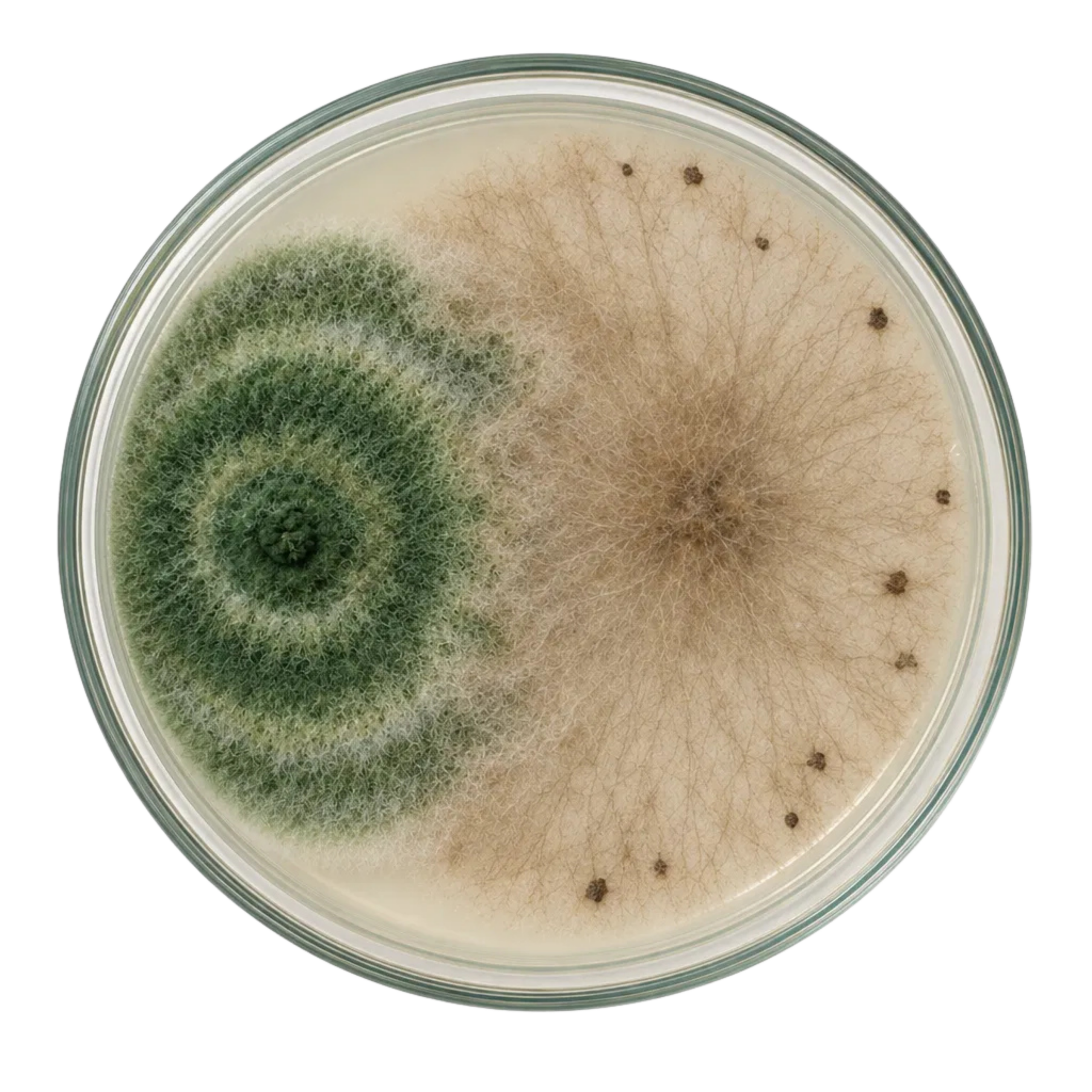 Placa de Petri: el patógeno ocupa más de media placa y avanza sobre la colonia verde de Trichoderma.