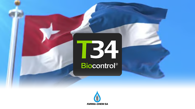 Bandera de Creta ondeando con los logotipos de T34 Biocontrol® y Farma-Chem SA.